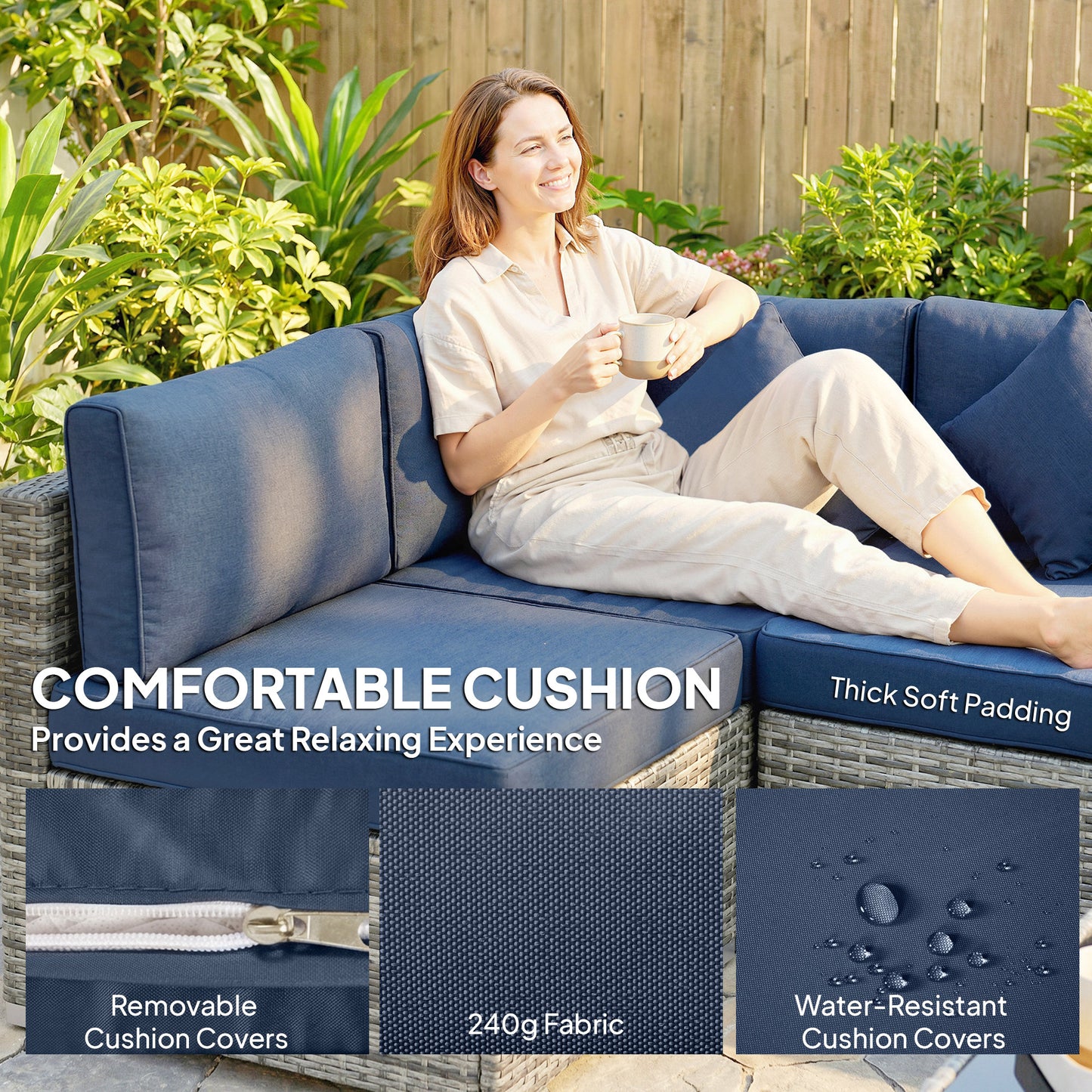 8-Piece Modular PE Rattan Corner Sofa Set | 2 Corner & 4 Middle Seats | Footstool | Tempered Glass Coffee Table | Thick Cushions | 4 Coloured Pillows | Protective Cover | Adjustable Foot Pads | 120kg Per Seat | Dark Blue