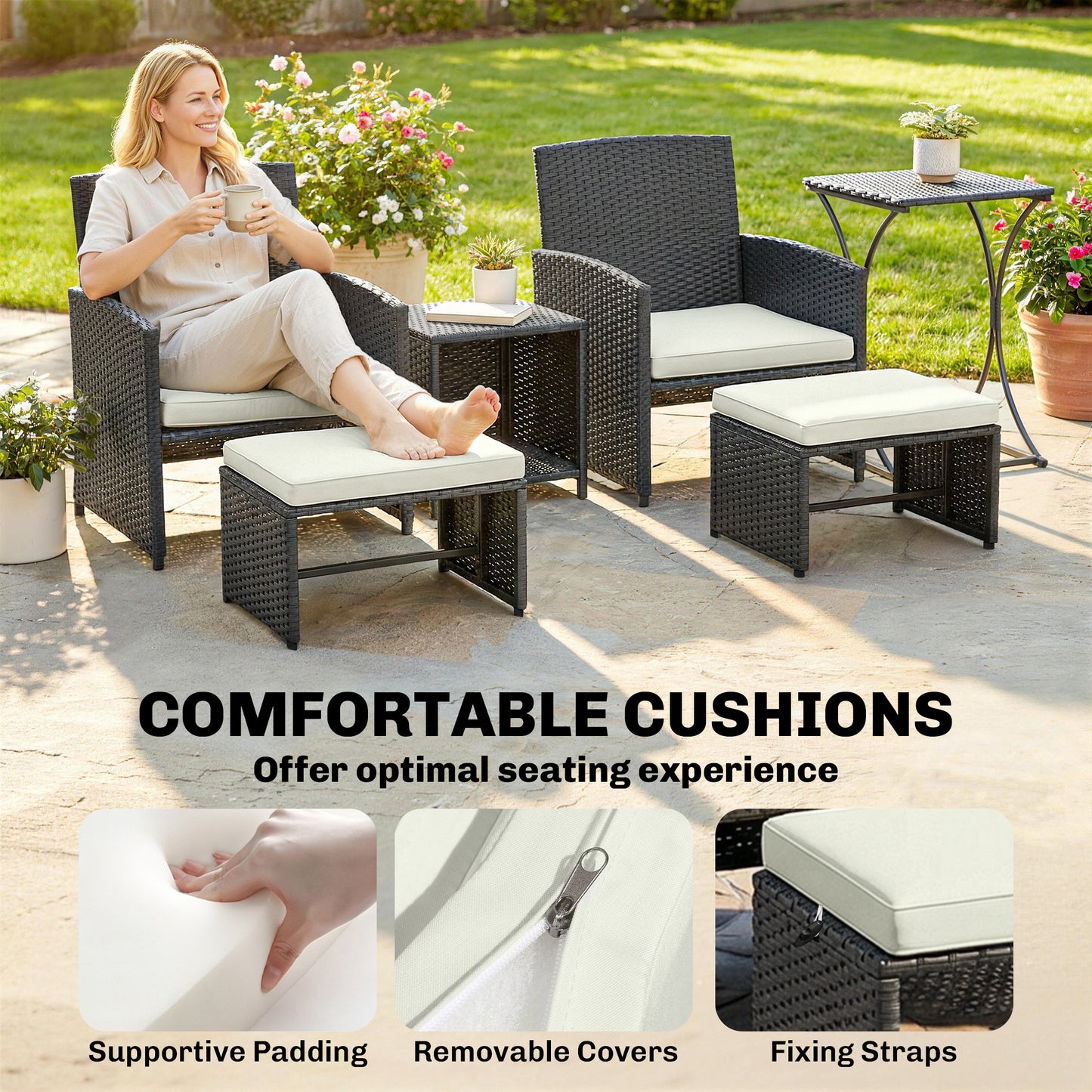 Outsunny 6 Piece Rattan Garden Furniture, Space-Saving Patio Furniture Set with Nesting Tables, Chairs, Stools, Cushions, Black