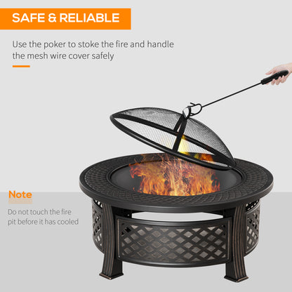 Outsunny Outdoor Fire Pit with Grill Net, Mesh Lid & Poker – Multifunctional BBQ & Bonfire Pit, Built-In Tabletop, Solid Steel, Bronze Tone