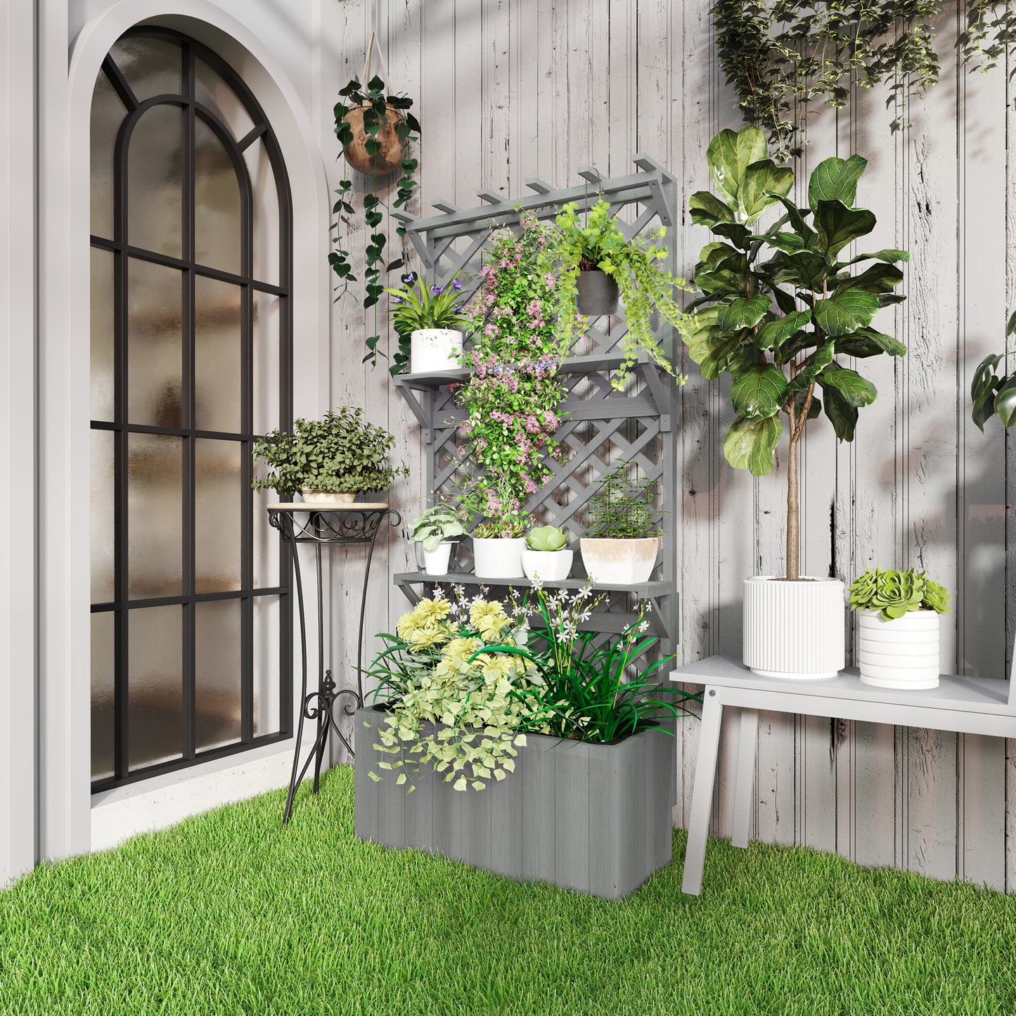 Fir Wood Planter with Tall Trellis Roof & Upper Shelf | 52L | 70x31cm Planting Area | Fabric Liner & Drainage Holes | 50kg | 76x33x177cm | Climbing Plants | Grey