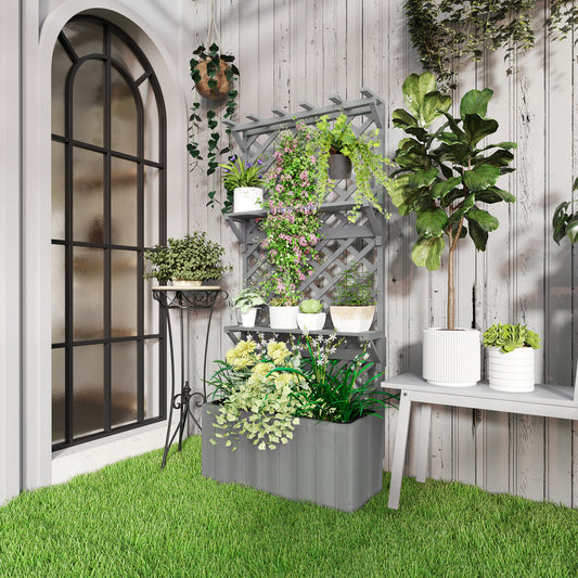 Fir Wood Planter with Tall Trellis Roof & Upper Shelf | 52L | 70x31cm Planting Area | Fabric Liner & Drainage Holes | 50kg | 76x33x177cm | Climbing Plants | Grey