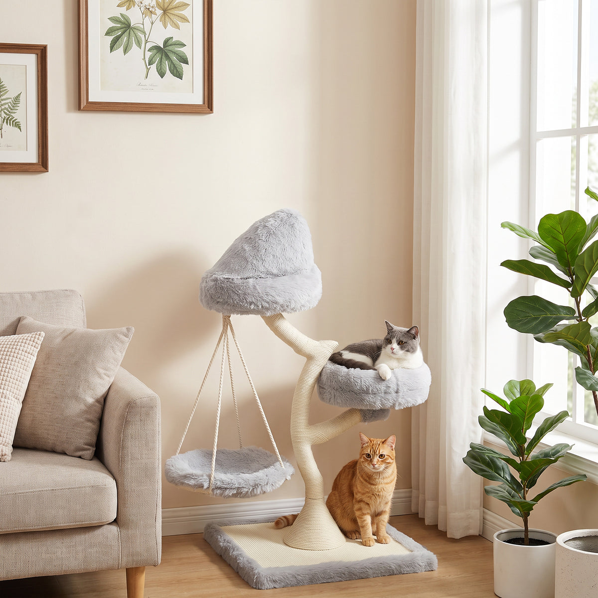 PawHut 115cm Modern Cat Tree | Branch-Style Sisal Scratching Post | 2 Washable Beds & Hanging Hammock | 60cm Base | Light Grey | For 1 Cat up to 6kg