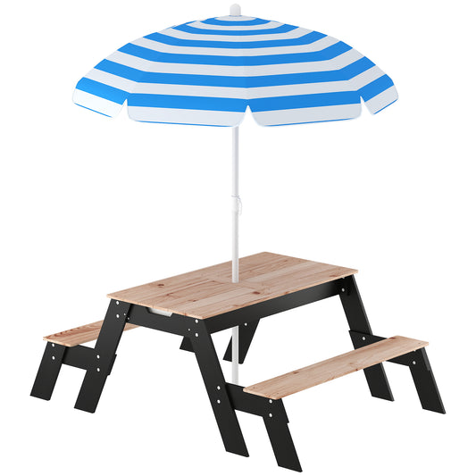 3-in-1 Kids Garden Table & Chair Set | Sand & Water Table | 2 Hidden Storage Boxes | Blue Striped Parasol | Fir Wood | Reinforced Metal Frame | Ages 3-6 | 113x95x160cm | Natural Wood