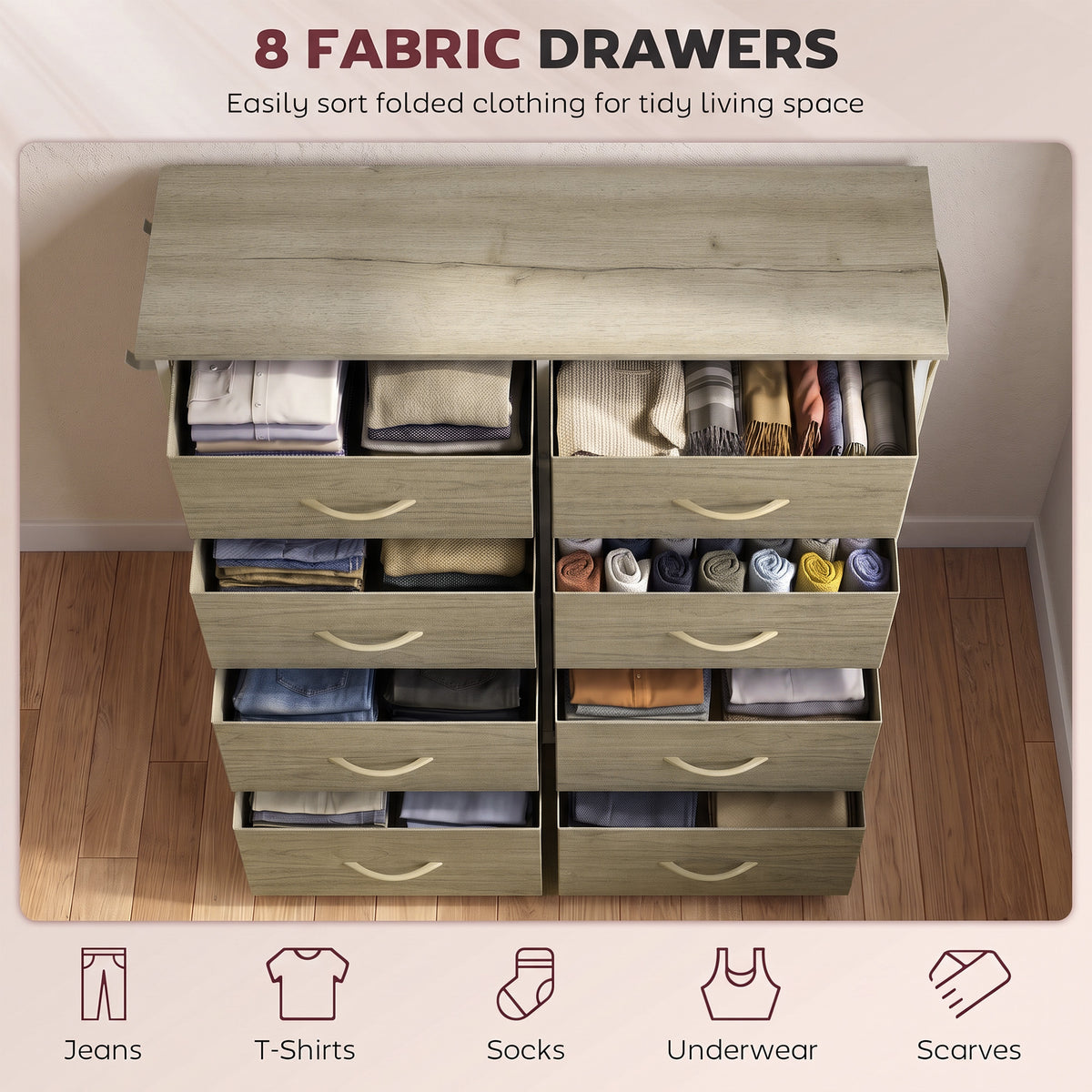 Chest of 8 Fabric Drawers | Natural Wood Rustic Brown Grey | Non-Woven Fabric Steel | 80x30x94.5cm | 30kg | Side Pocket 2 Hooks | X-Bar Frame | Anti-Tip Kit | Foldable Drawers | Bedroom
