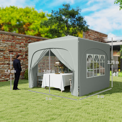 3x3m Pop-Up Gazebo | UPF50+ Oxford Fabric | 3-Height Adjustment 253-273cm | 2 Windows & Dual Doors | 8 Drainage Holes | 4 Guy Ropes & 12 Ground Stakes | Carry Bag | Fits 6-9 People | Light Grey