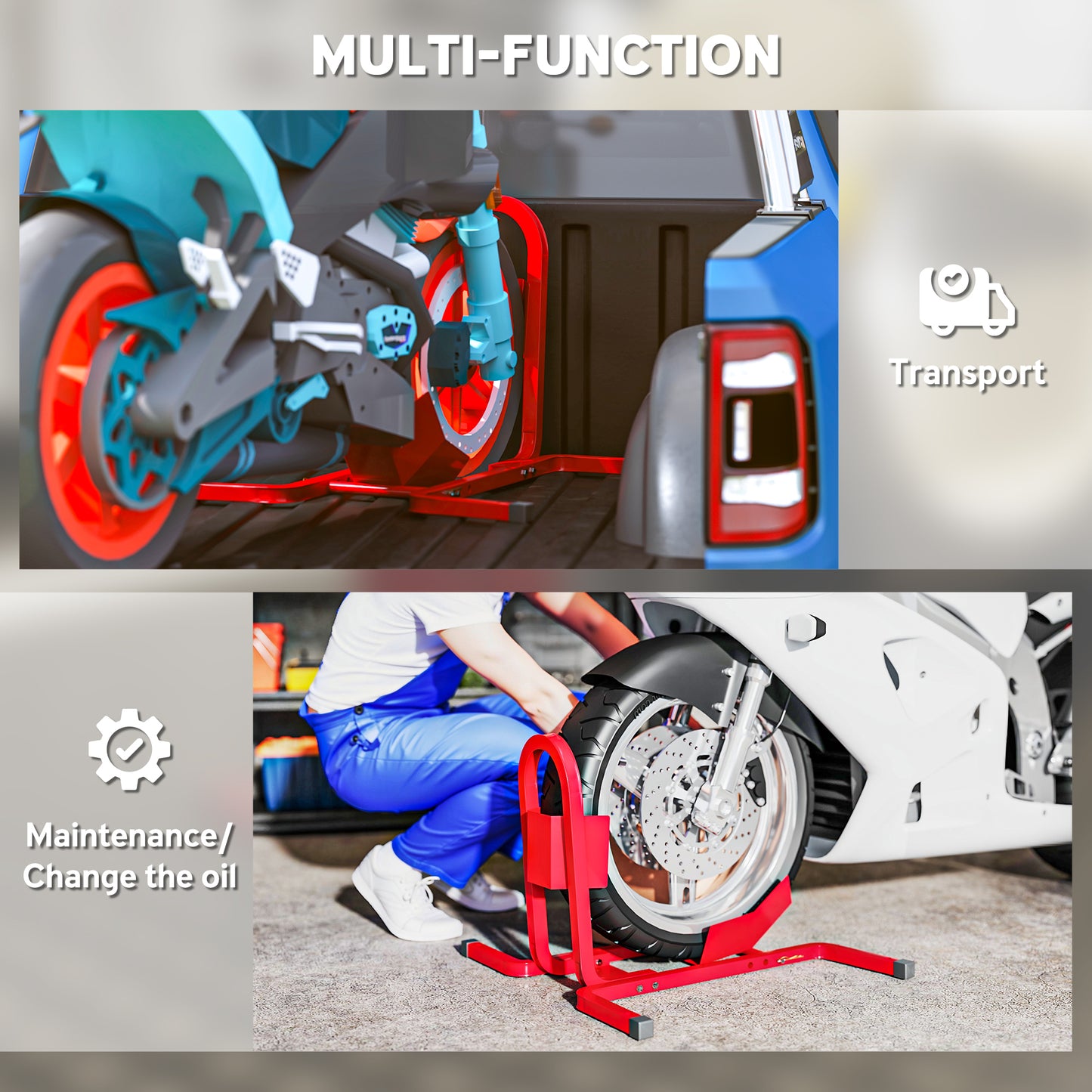 Metal Motorcycle Motorbike Wheel Chock Locking Stand System 17", 19", 21"/43, 48, 51 cm Front Wheels Steel Adjustable Fixing Tyre Holder Support
