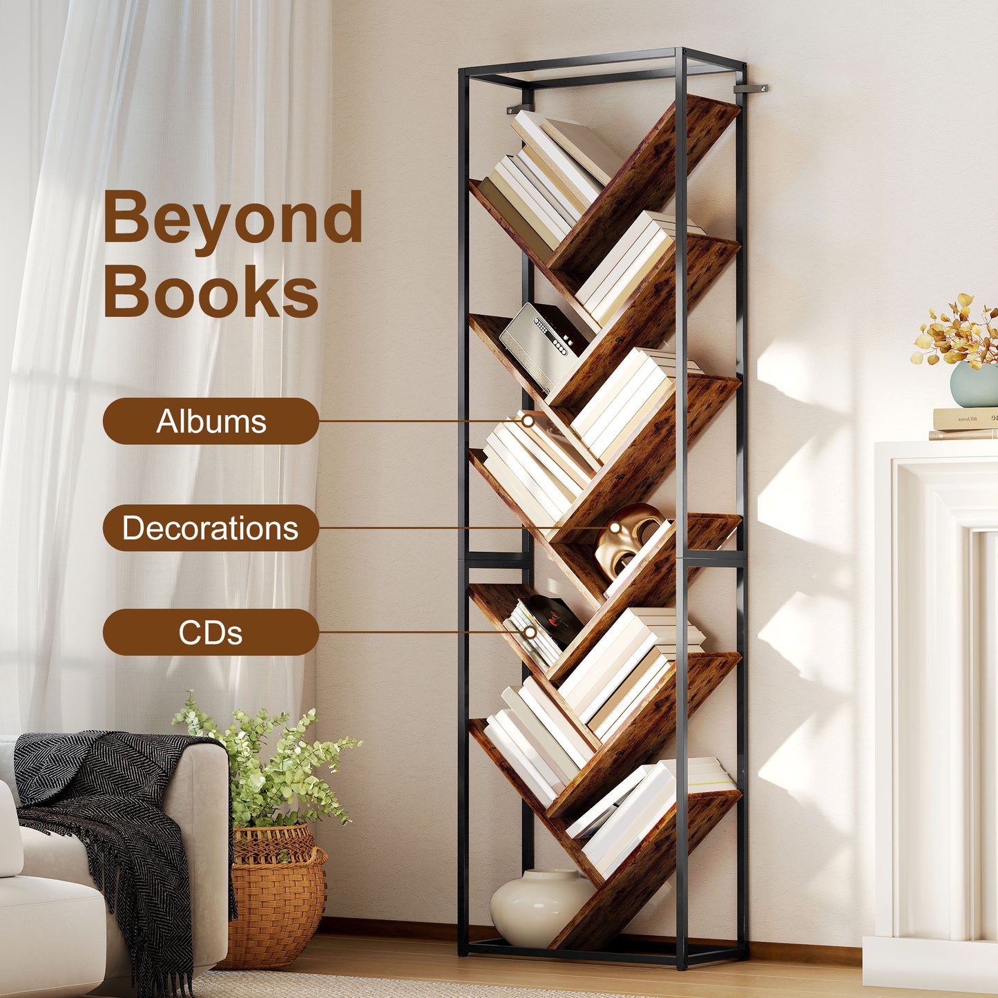 10 Shelf Industrial-Style Bookshelf - Black/Brown