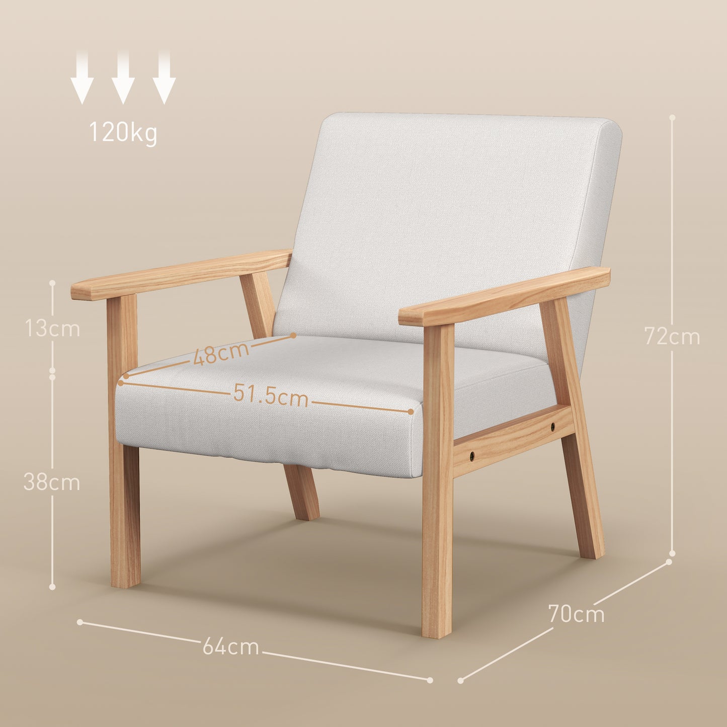 Retro Style Accent Chair Wood Frame with Thick Linen Cushions Wide Seat Armchair Home Furniture Bedroom Office Cream White