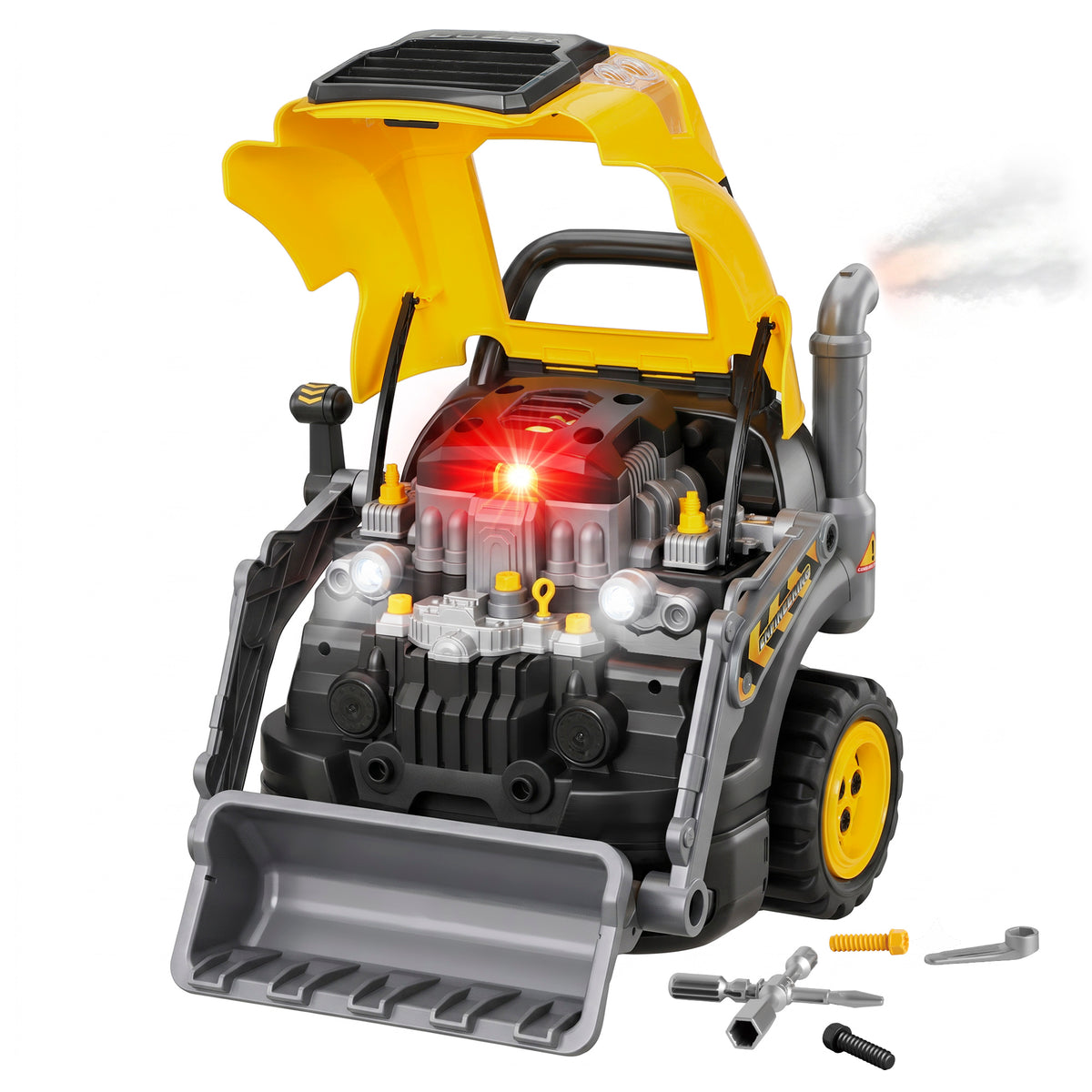 Kids Excavator Engine Toy | Yellow Pretend Play Mechanic Workshop with 63 Parts & 4 Tools