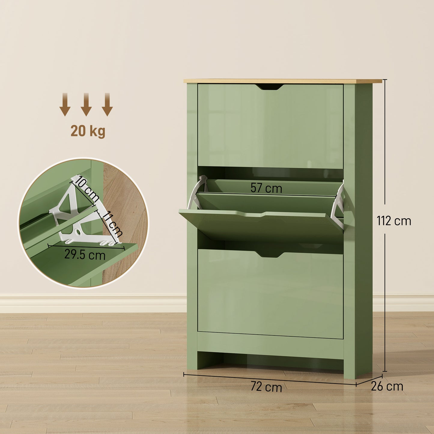 Slim Shoe Cabinet, Narrow Shoe Cupboard with 3 Flip Drawers, Adjustable Shelves for 18 Pairs of Shoes, High Gloss
