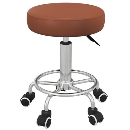 PU Leather Rolling Salon Stool | Height Adjustable 50-64cm | Dia 42cm | Thick Foam Seat | Footrest | 5 Wheels | Backless | 110kg | Brown