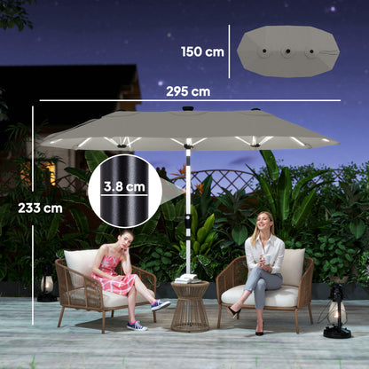 3m Double-Sided Garden Parasol | 12 Solar LED Strips | UPF30+ 180GSM Canopy | 12 Metal Ribs | Vented | Crank Handle | 295cm | Grey