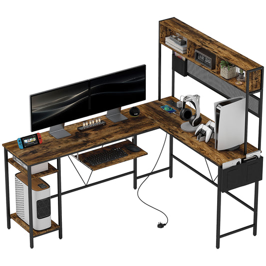 160cm Reversible L Shaped Desk with Power Outlet, Industrial Corner Desk with Storage Shelves and Keyboard Tray, 240cm Long For 2 Person