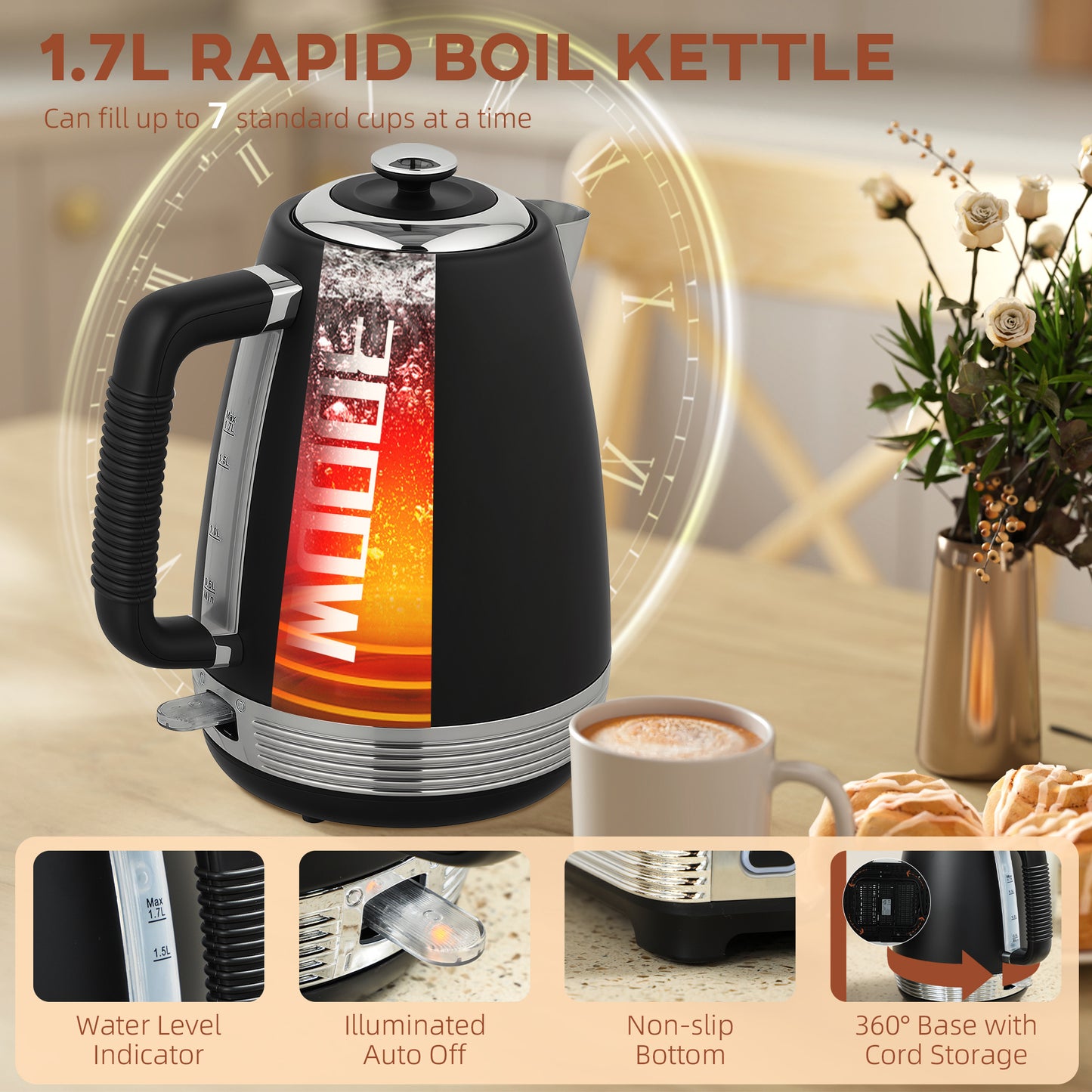 Stainless Steel Kettle and Toaster Set, 1.7L 3000W Rapid Boil Jug Kettle with UK Strix Thermostat, Limescale Filter, 4 Slice Toaster with 7 Browning Controls, Crumb Tray, Black and Silver Tone