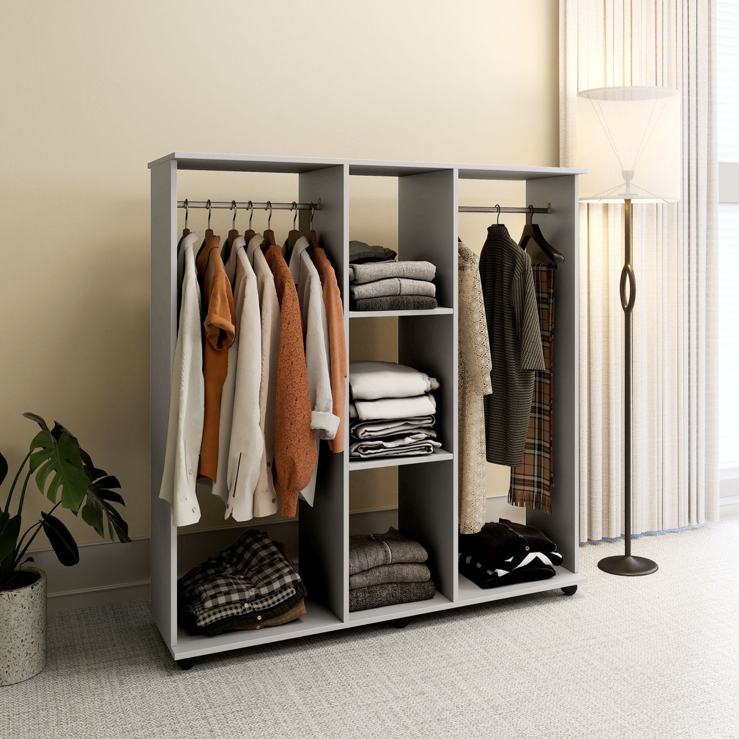 Double Open Wardrobe on Wheels, Bedroom Wardrobe with Clothes Hanging Rails, 3 Storage Shelves, Mobile Garment Rack for Cloakroom, Hallway, Grey