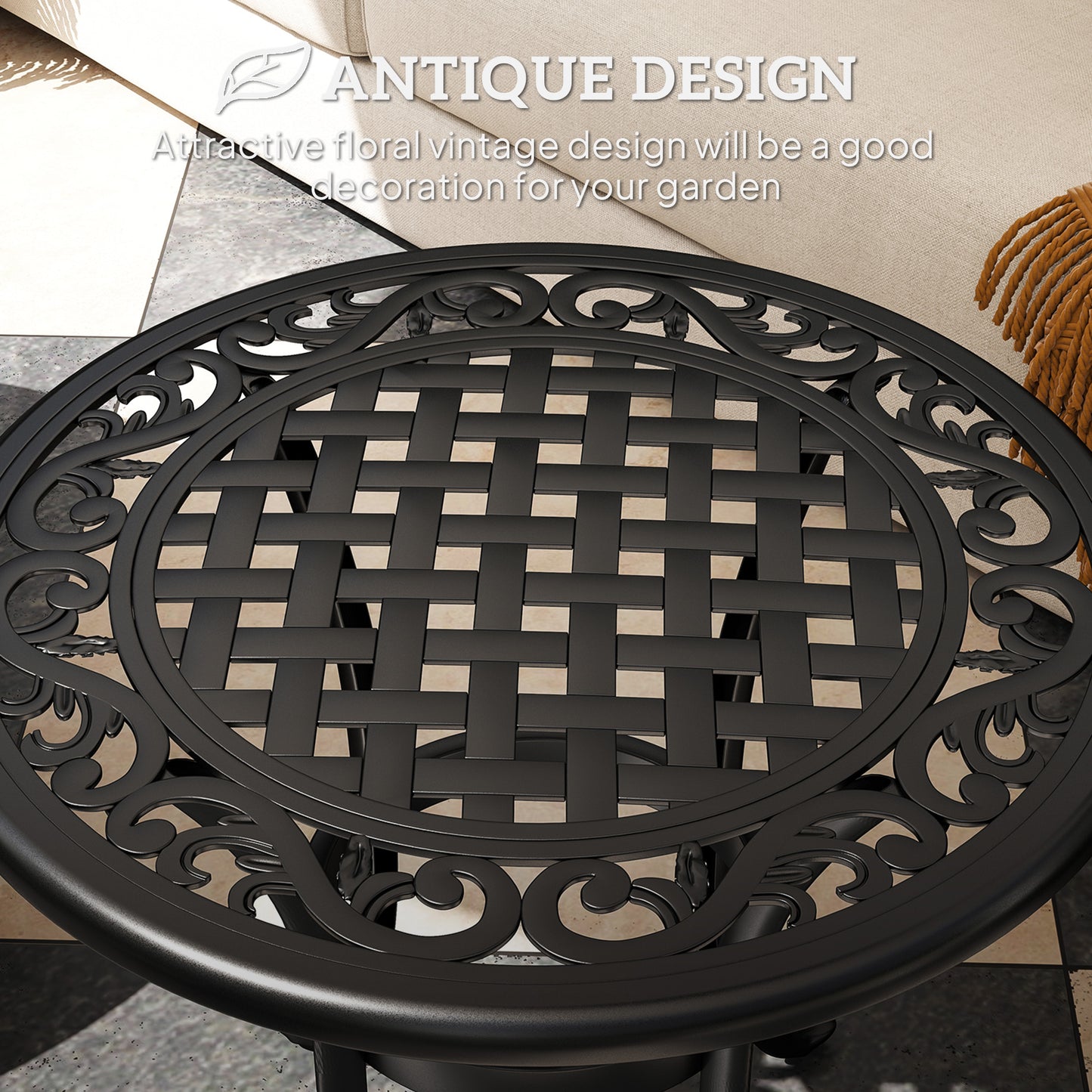 60cm Round Cast Aluminium Garden Side Table | Decorative Cut-Out Top | Curved Legs | 60kg | Black