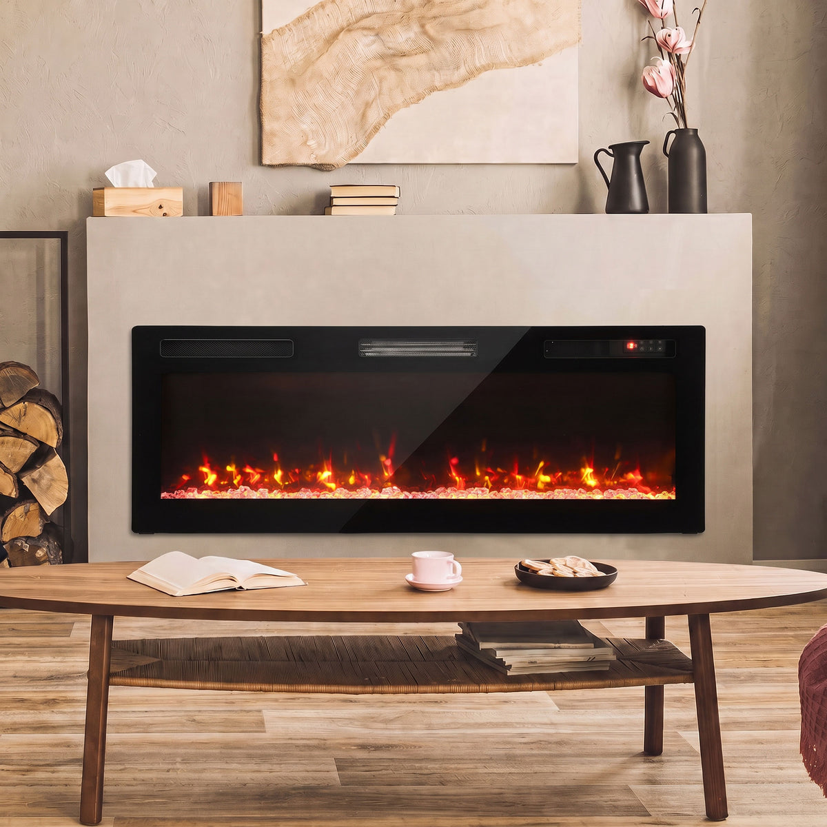 Slim Electric Fireplace | 127cm, 900/1800W | Crystal Effect, 12 Colours & Remote | Wall-Mounted, Recessed or Freestanding | Black