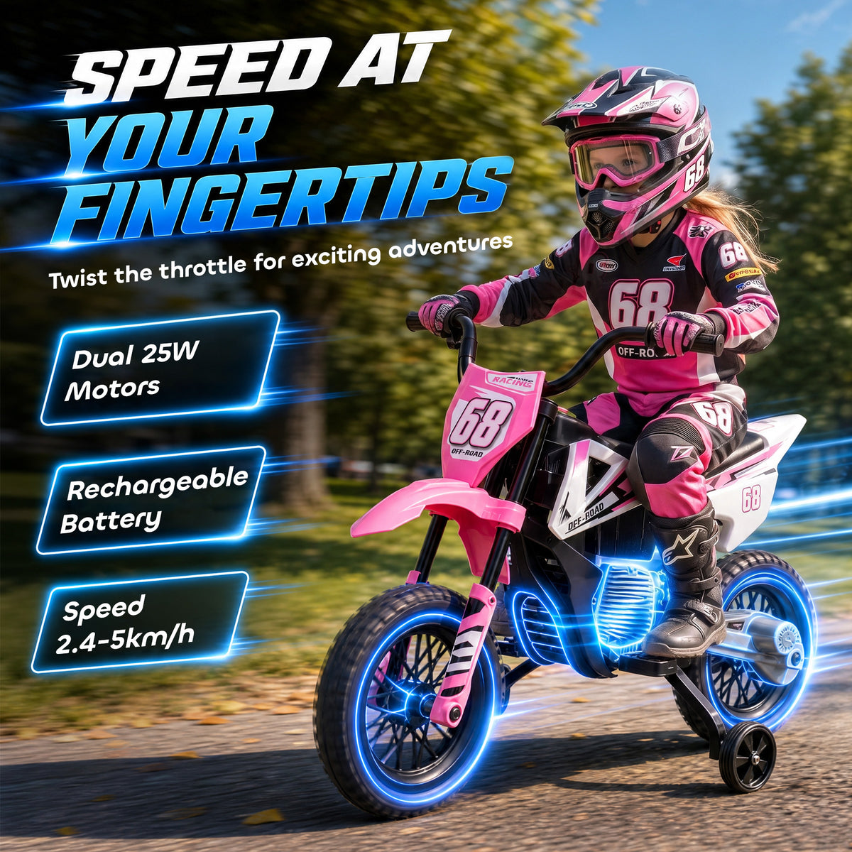 Kids Electric Ride-On Motorcycle | Pink 12V Motorbike with Training Wheels, Rear Suspension, Soft Start & Music | 2.4-5 km/h | 3-6 Years | 30 kg