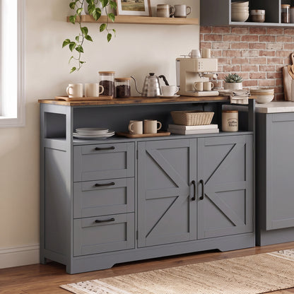 Farmhouse Sideboard with Built-In Charging Station | 2 AC Outlets USB USB-C | 3 Drawers | Adjustable Cabinet Shelf | Open Shelf | 120x35x95cm | 55kg | Melamine | TV Stand to 42in | Grey