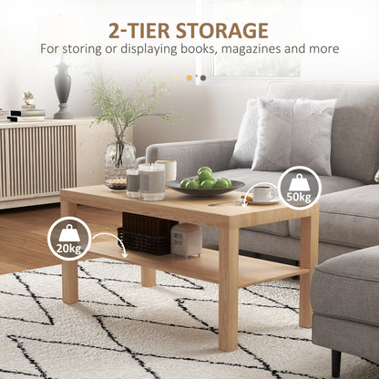 2-Tier Coffee Table with Storage Shelf, Rectangular Centre Table for Living Room, Home Office, Natural Wood Finish