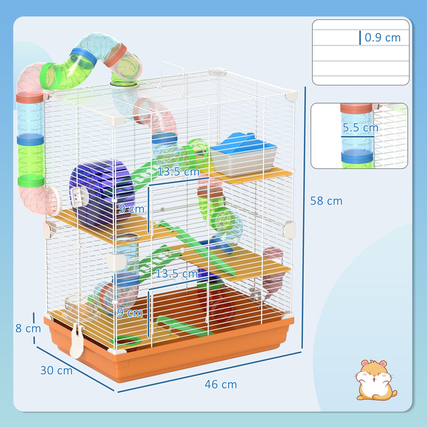 PawHut 5 Tier Hamster Cage Carrier Habitat With Exercise Wheels, Tunnel