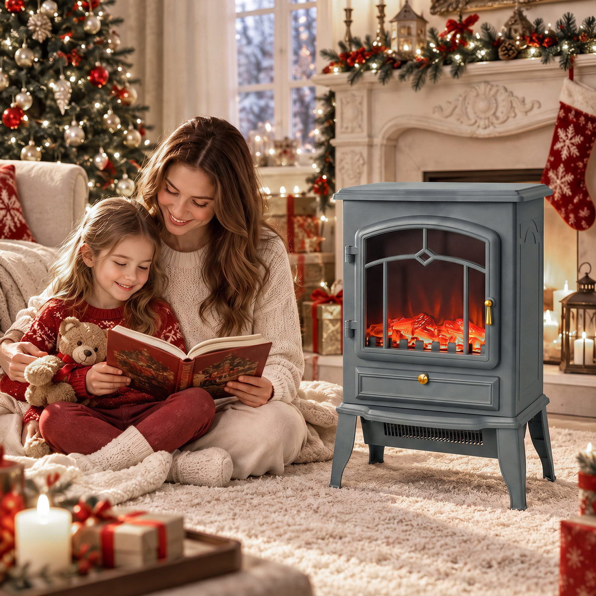 Grey Electric Fireplace Stove | 1000W/2000W Freestanding Heater | Dimmable LED Log Flame | 10–35°C Thermostat | Gold-Tone Handle