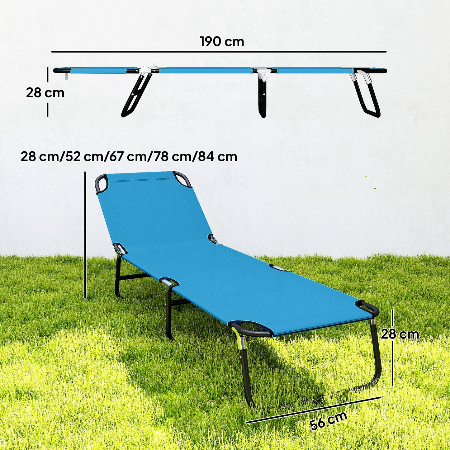 Set of 2 Folding Sun Loungers | 5 Position Back | 190x56cm | Oxford Fabric | Powder Coated Steel | Portable | 120kg | Sky Blue