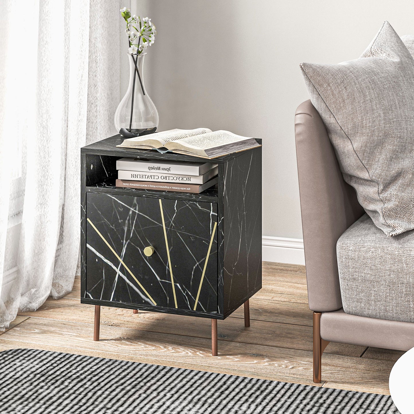 Marble Effect Bedside Table, Modern Side Table with Drawer, Open Shelf and Gold Tone Metal Legs for Bedroom, Living Room, Black