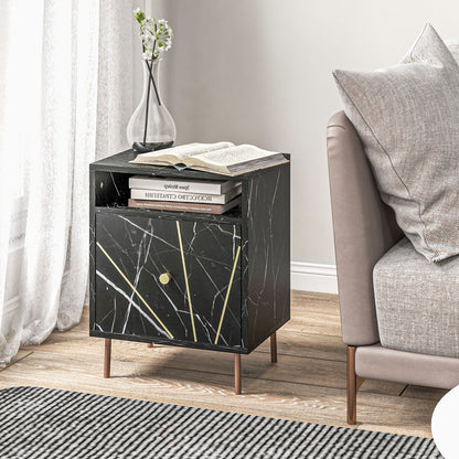 Marble Effect Bedside Table, Modern Side Table with Drawer, Open Shelf and Gold Tone Metal Legs for Bedroom, Living Room, Black
