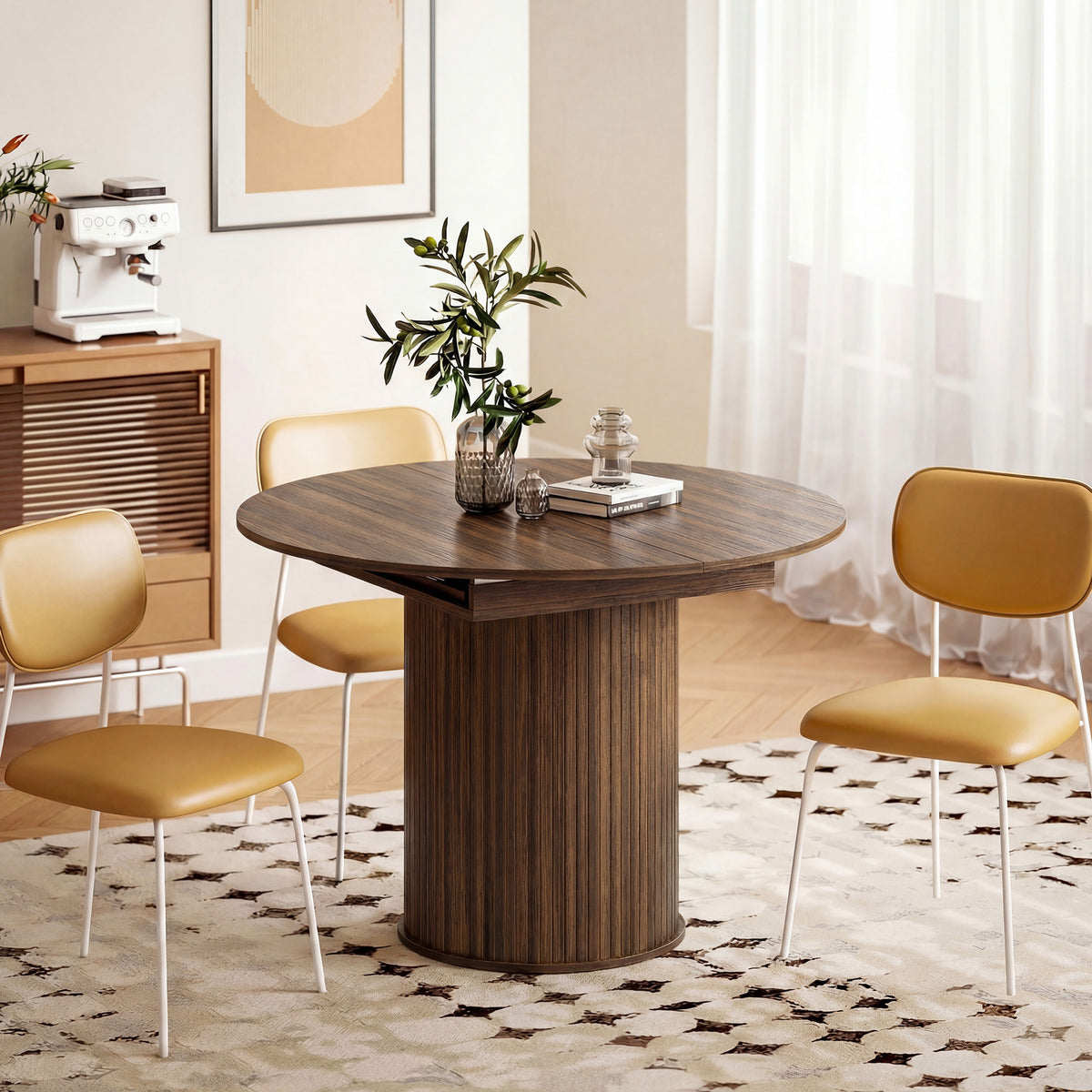 Extendable Dining Table | 110–150cm Round to Oval | Dark Walnut-Effect Finish & Fluted Pedestal Base | Hidden Extension Leaf Storage | Seats up to 6–8