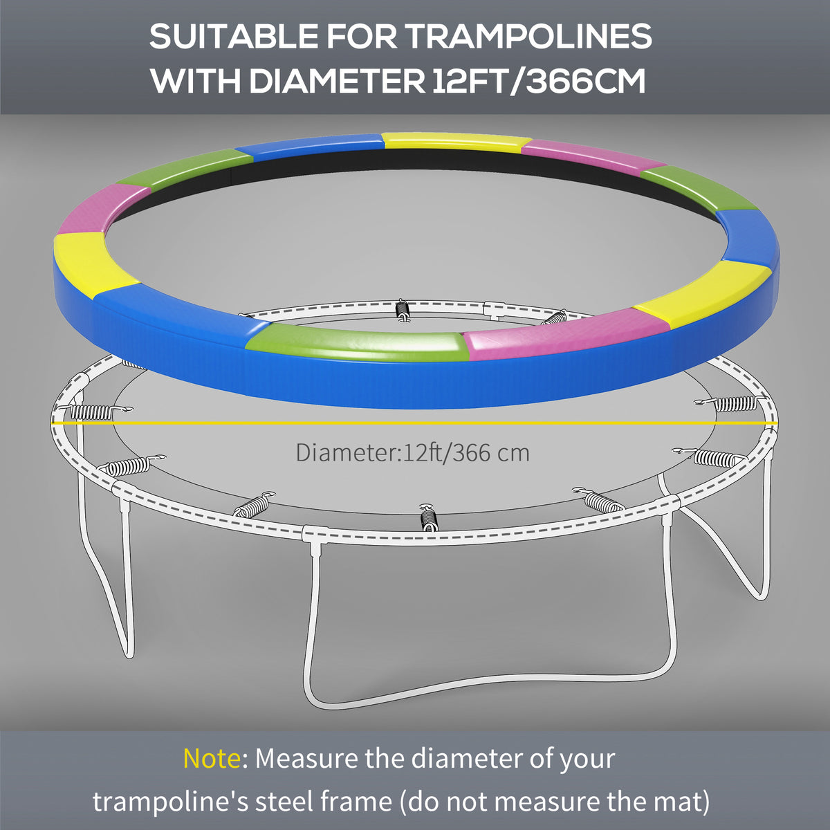 SPORTNOW 12ft Trampoline Spring Pad Cover Replacement | Multi-Coloured | Ø366x30cm | Plastic PE EPE Foam | Elastic Cord | Waterproof | UV Resistant | Tear-Resistant | Foldable | Round Trampoline