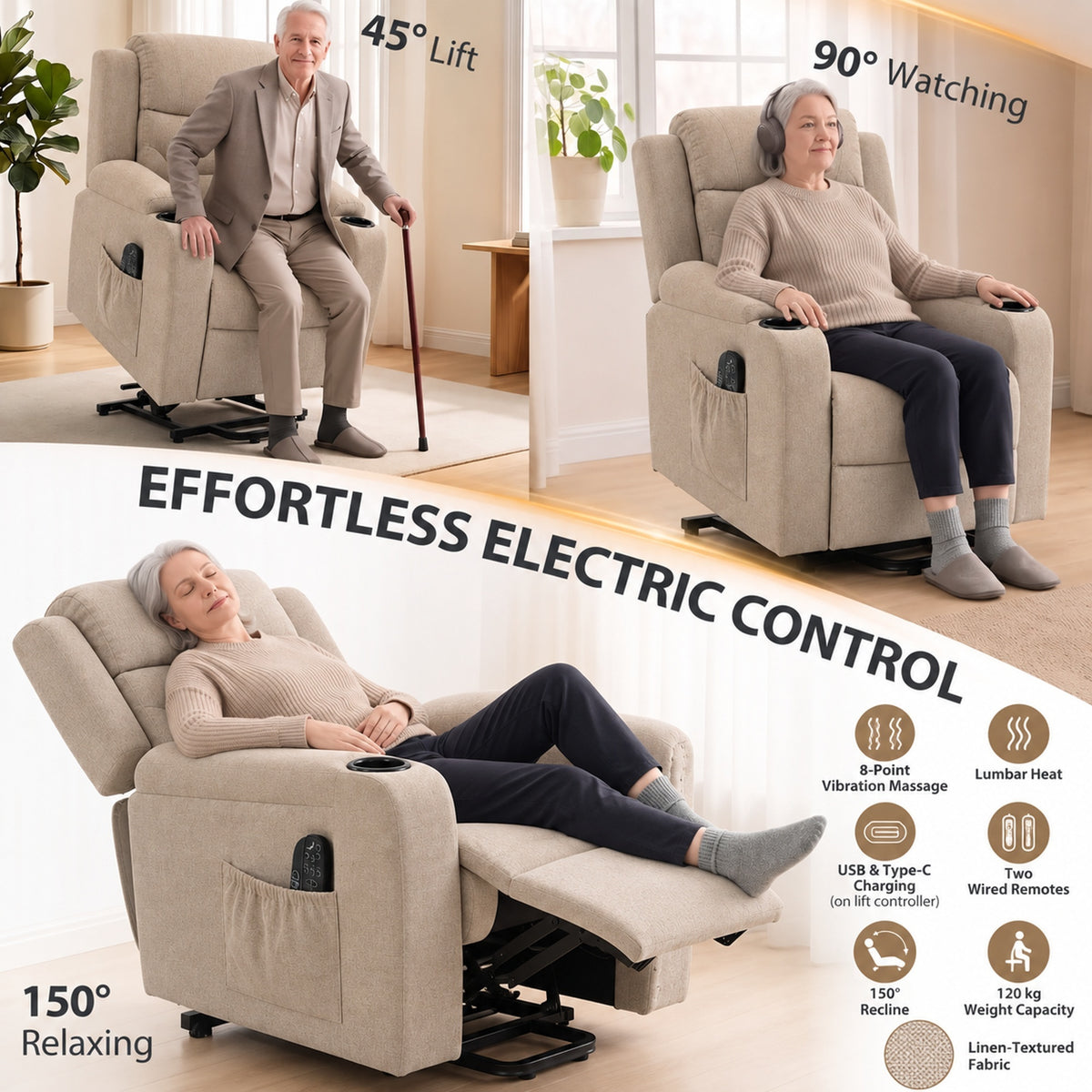 Electric Riser Recliner Chair | 45° Lift, 150° Recline, Massage & Lumbar Heat | USB-A/USB-C, Cup Holders | Beige, Brown or Grey