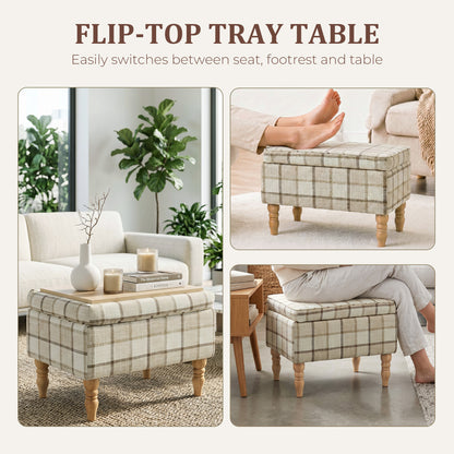 Storage Ottoman Footstool | Flip-Lid Tray Table | 24L Hidden Storage | Plaid Linen-Look Fabric | Rubberwood Legs | 120kg Capacity | 50 x 38 x 39cm | Brown