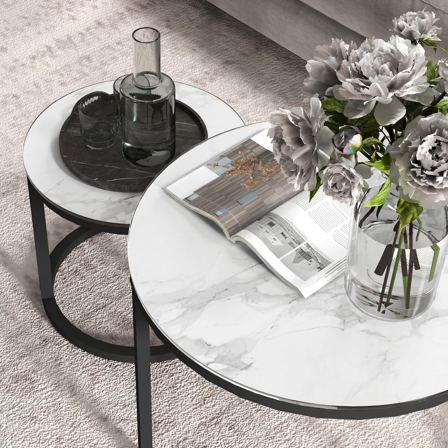 Glass Coffee Table Set of 2, Round Nest of Tables with Marble-Effect Tempered Glass Tabletop and Steel Frame, Side Tables for Living Room, White
