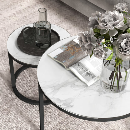 Glass Coffee Table Set of 2, Round Nest of Tables with Marble-Effect Tempered Glass Tabletop and Steel Frame, Side Tables for Living Room, White