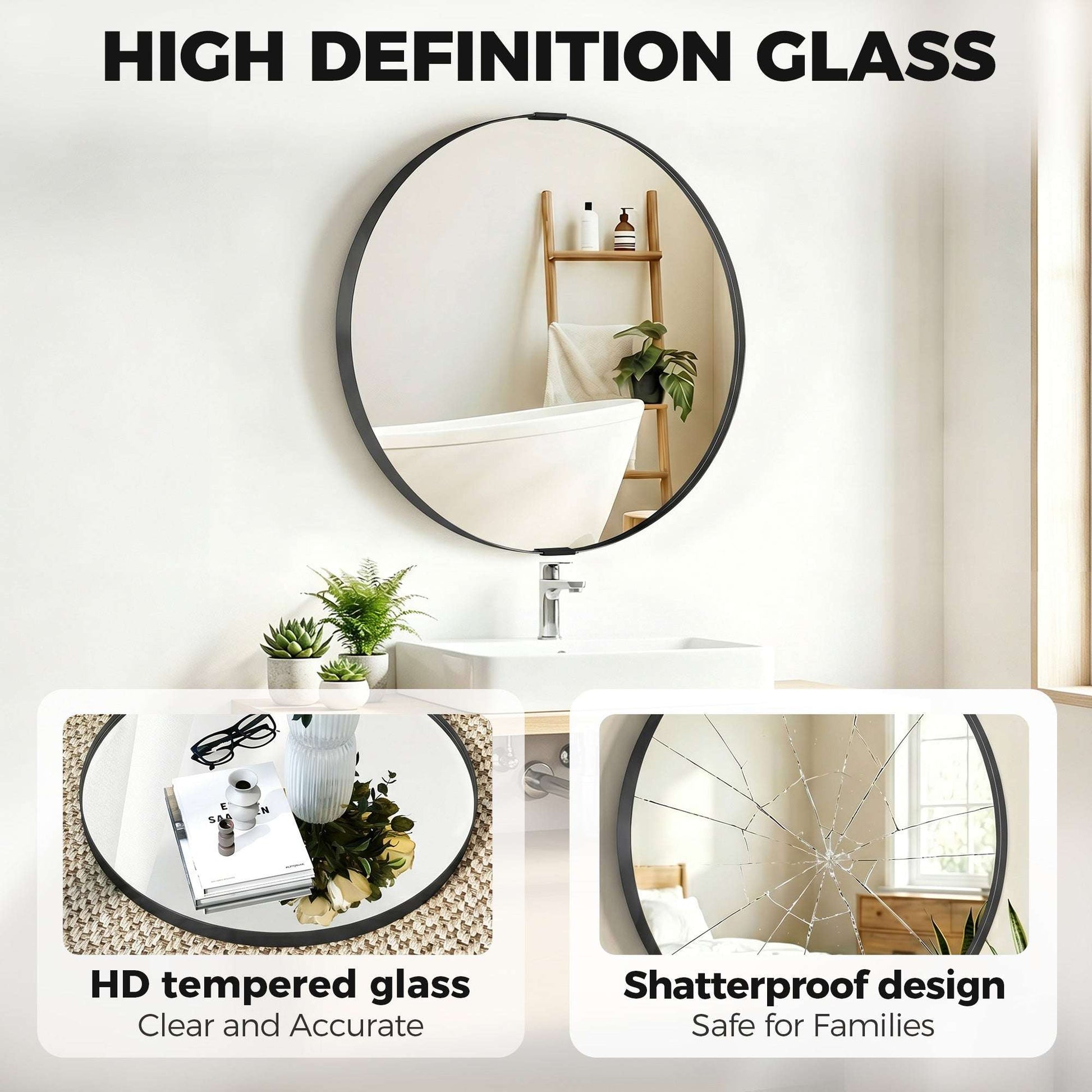 Round Wall Mirror | Shatterproof Tempered Glass | Anodised Aluminium Alloy Frame | 4cm Deep 3D Effect | 61cm Diameter | No Assembly | Black