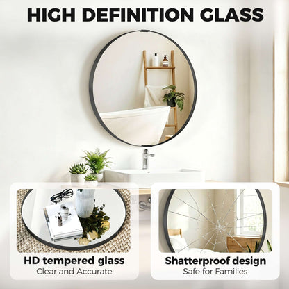 Round Wall Mirror | Shatterproof Tempered Glass | Anodised Aluminium Alloy Frame | 4cm Deep 3D Effect | 61cm Diameter | No Assembly | Black