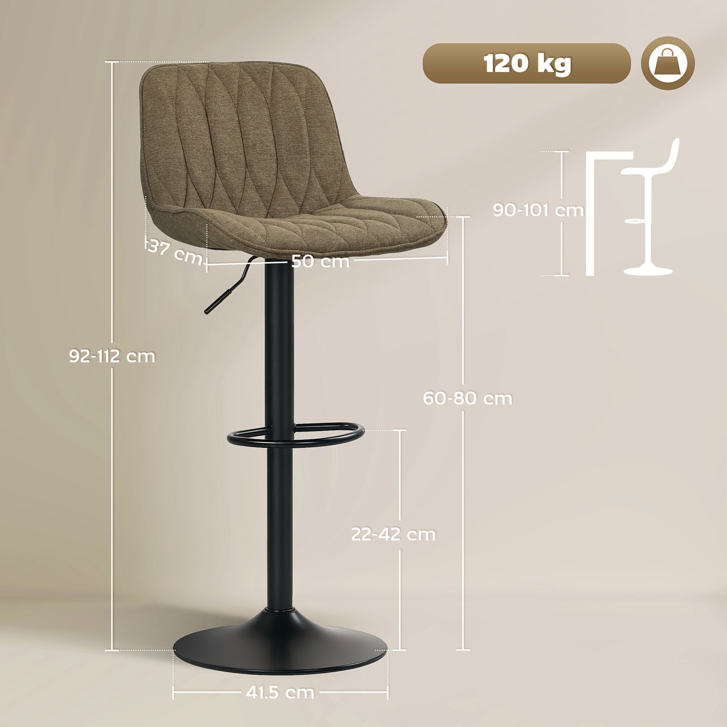 Set of Two Linen-Look Bar Stools - Brown / Green