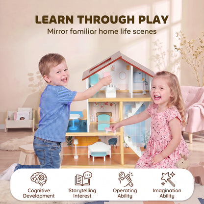 AIYAPLAY Wooden Dolls House | 3 Storeys & 5 Play Areas | 11 Movable Accessories | Balcony & Stairs | 66cm Tall | White | Ages 3+