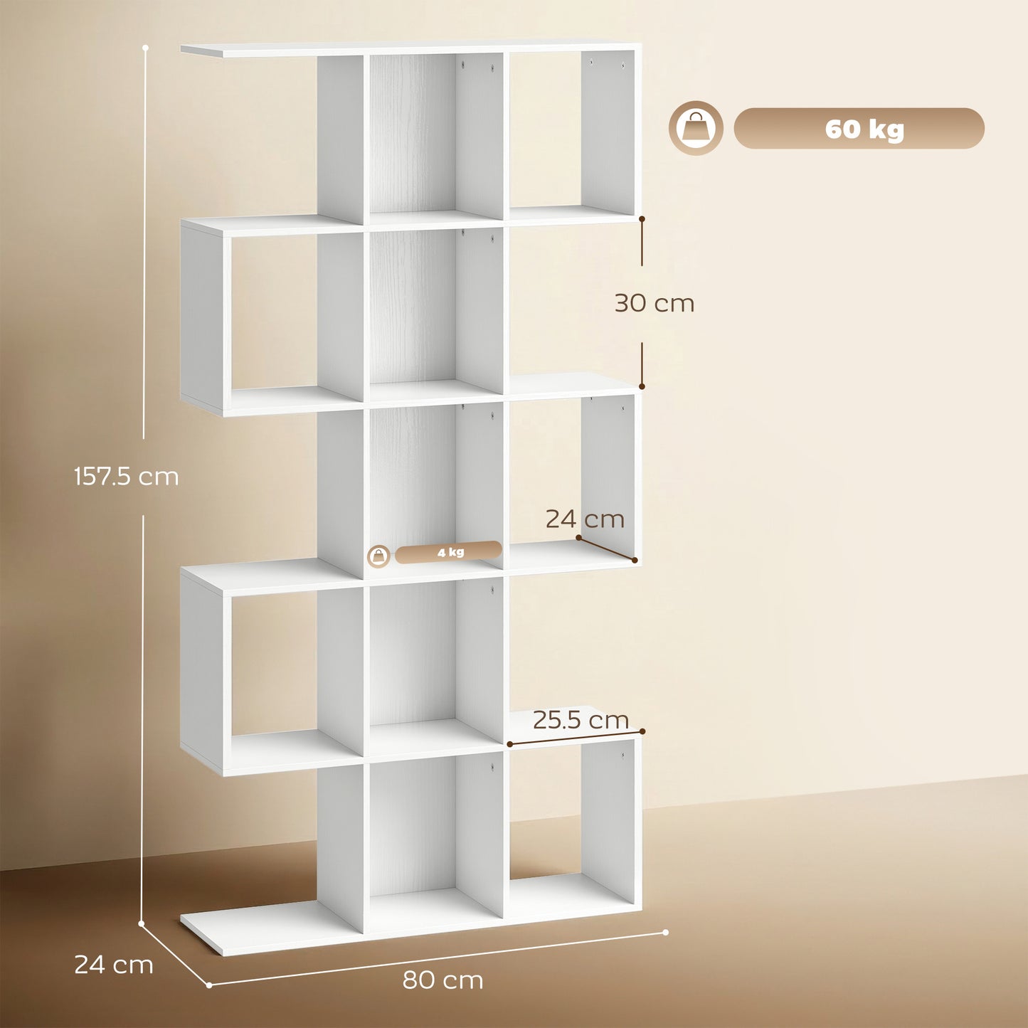 5-Tier S-Shaped Bookcase | 15 Compartments | White Wood Effect