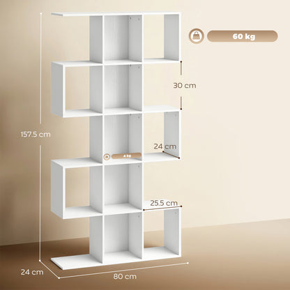 5-Tier S-Shaped Bookcase | 15 Compartments | White Wood Effect