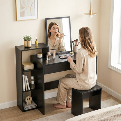 Compact Computer Desk with Storage | Wide Drawer & 3 Open Side Shelves | Black Study Workstation with Melamine Finish | 100W × 40D × 90Hcm
