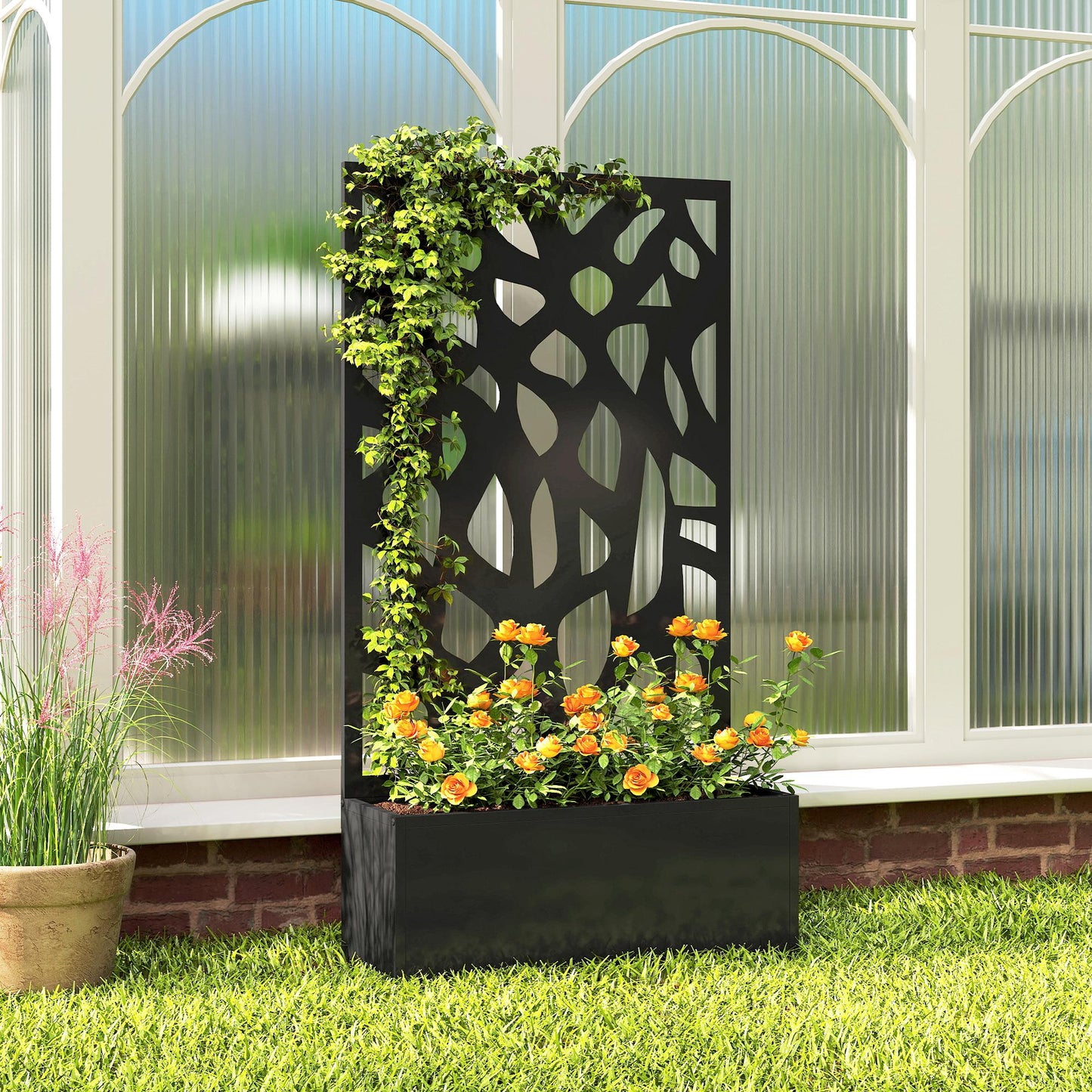 Metal Raised Garden Bed with Trellis & Privacy Screen | Powder-Coated Steel | 20L Soil | 30kg Capacity | 61x89cm Trellis | 61x23x113cm | Balcony & Patio | Climbing Plants | Black