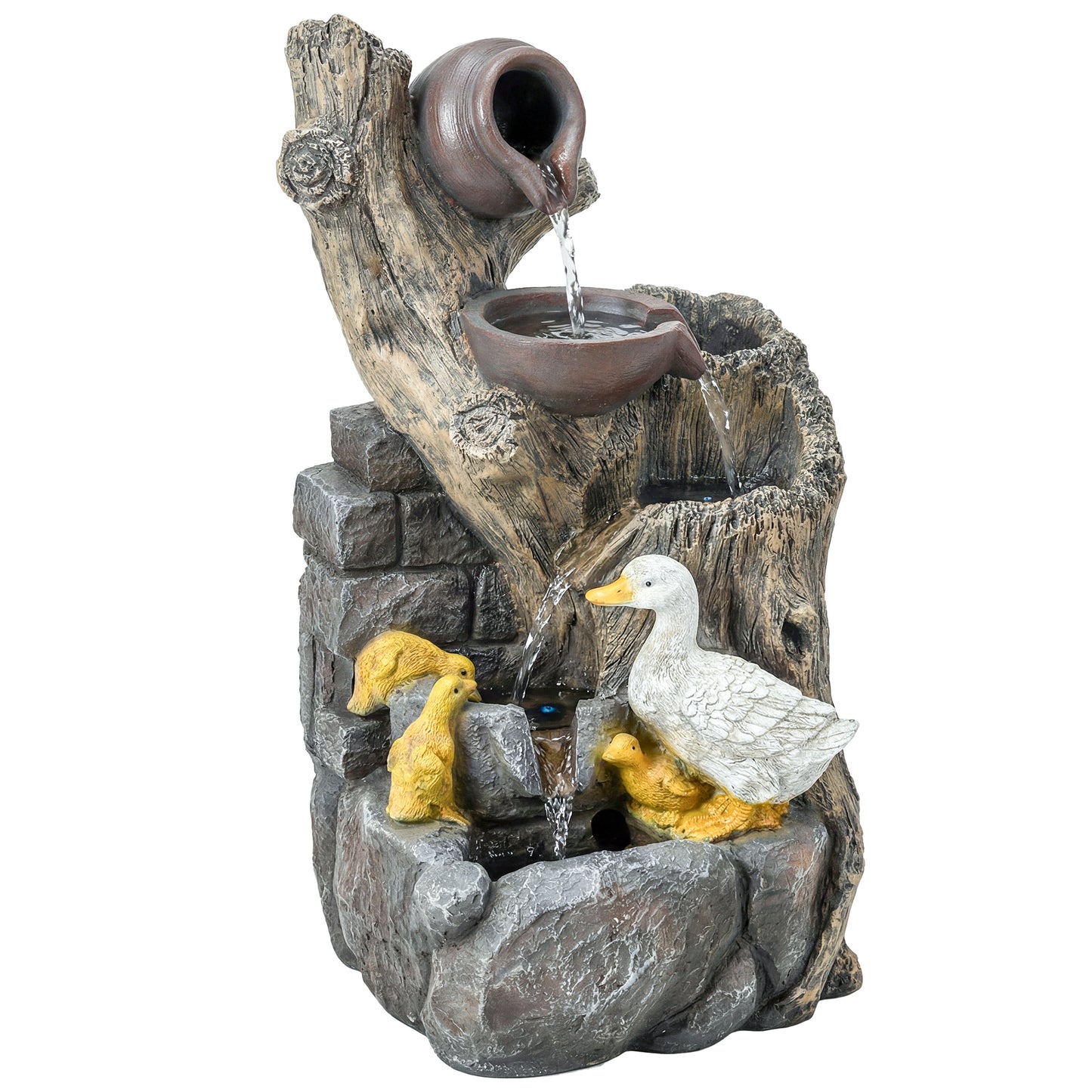 5-Tier Resin Log Waterfall Fountain | Warm White LED Lights | Adjustable Pump | Integrated Planter | 6-8L | 5W | 230V | 3m Cable | 30x28x56cm | Garden & Patio | Mixed Colour