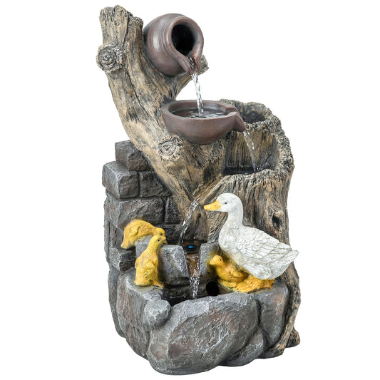 5-Tier Resin Log Waterfall Fountain | Warm White LED Lights | Adjustable Pump | Integrated Planter | 6-8L | 5W | 230V | 3m Cable | 30x28x56cm | Garden & Patio | Mixed Colour