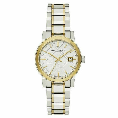 Burberry The City Engraved Check Ladies Wrist Watch Silver Dial Dual Tone Strap BU9115