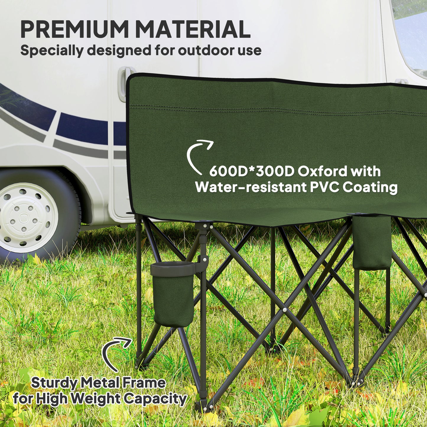 6-Seater Folding Camping Chair with Cup Holders & Carry Bag – 114kg Per Seat, Folds to 41x14x80cm, Oxford Fabric, Metal Frame – Green