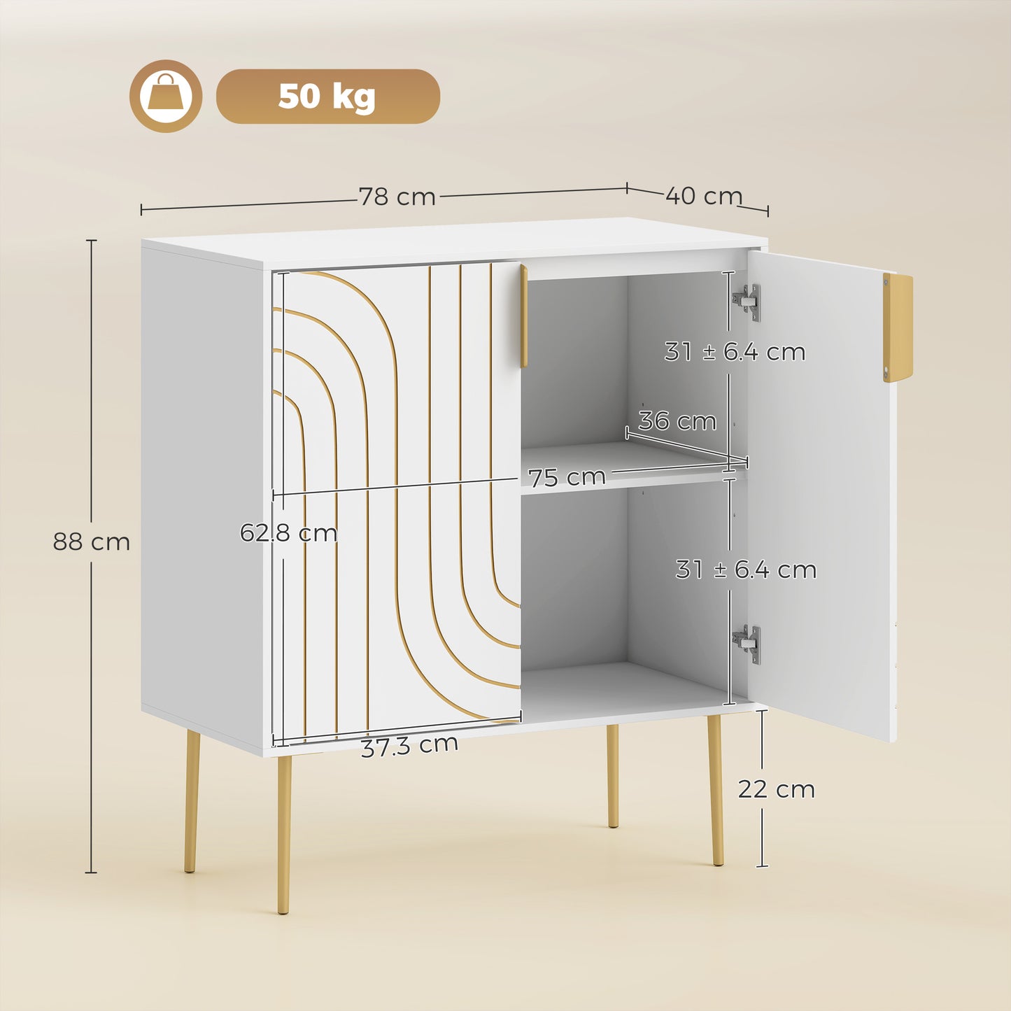 Modern Sideboard Storage Cabinet | Geometric Carved Doors | Adjustable Shelf | Copper-Tone Legs & Handles | Anti-Tip | 50kg | 78x40x88cm | White