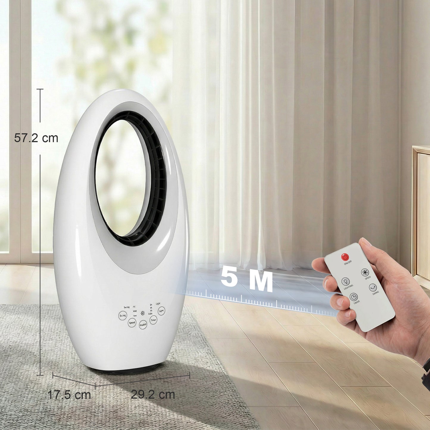 Bladeless Tower Fan | 36dB Quiet | 60° Oscillation | 4-Colour LED | 3 Speeds | 7.5hr Timer | Remote | White