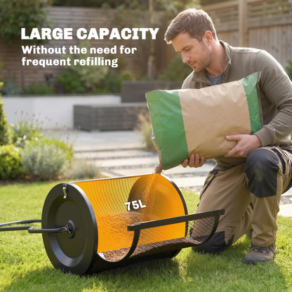 75L Compost & Peat Moss Spreader | 20" Rolling Barrel | Detachable U-Handle | Metal Mesh Door | Rust-Proof Powder-Coated | Garden Lawn | Black